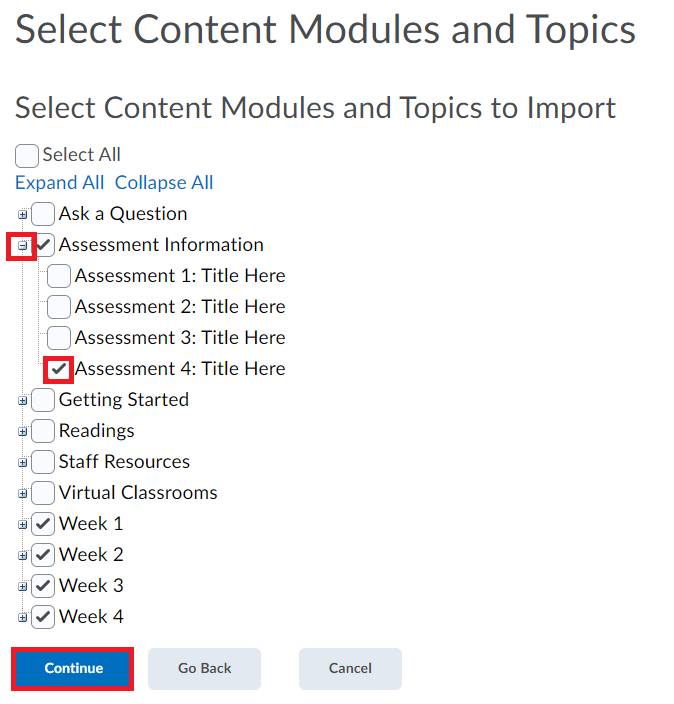 screen 9 select content modules to import