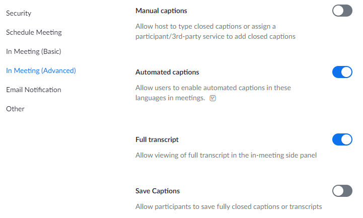 in meeting settings for captions