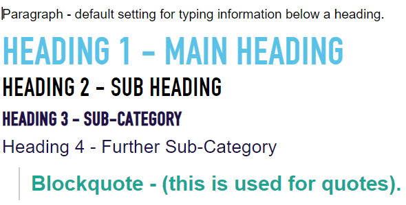 text styles, for paragraph, headers and blockquote