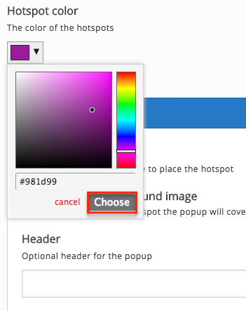 Hotspot colour section underneath background image with the colour picker open, choose button in the bottom right-hand corner highlighted