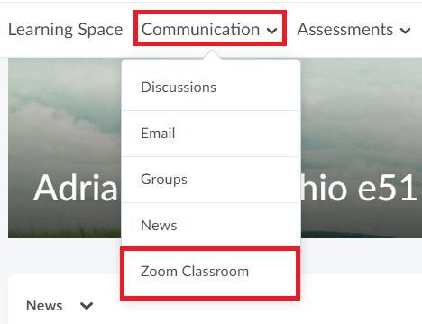 Select Communication in the VU Collaborate navbar and then select Zoom Classroom