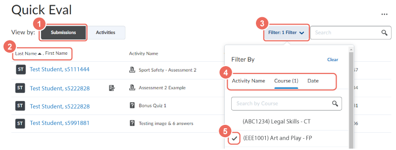 sort and filter in the quick eval submission view