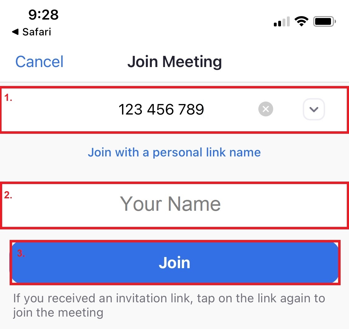 Add the Meeting ID check your name and select Join
