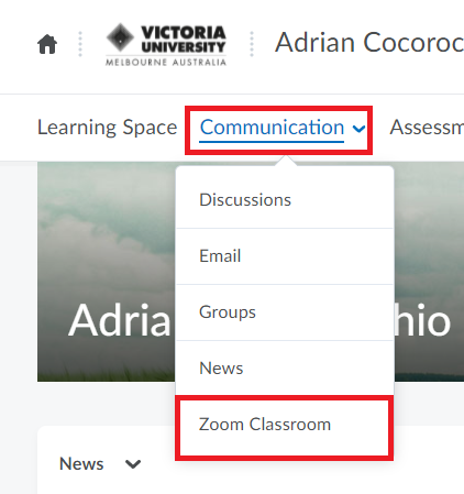 Select Communication in the navbar and then Zoom Classroom